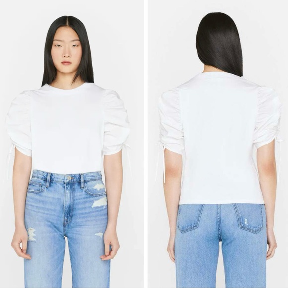 FRAME💕Ruched Tie Sleeve Tee in Blanc Size L - Picture 4 of 15